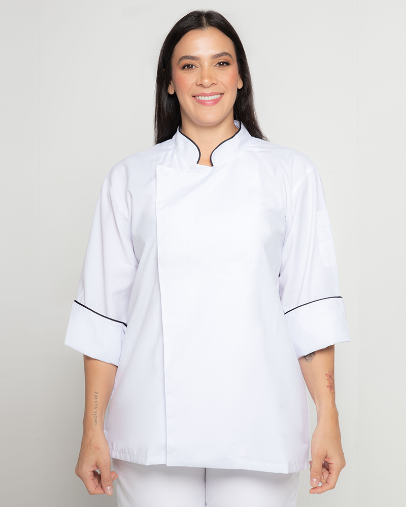 Chaqueta Para Chef En Gabardina Unisex Blanca Sesgo Negro Ref 105 Dotaciones Corporativas