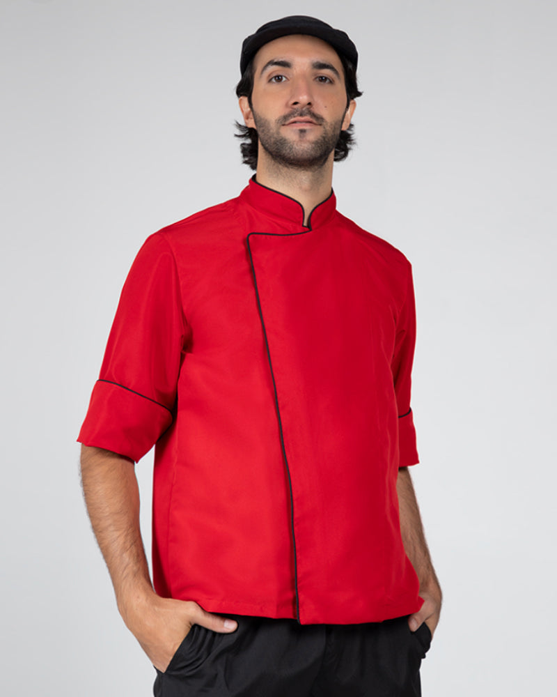 Chaqueta Para Chef En Antifluido Unisex Roja Sesgo Negro Ref 011