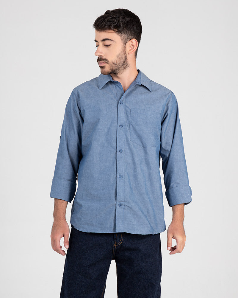 Camisa En Chambray Manga Larga Para Hombre